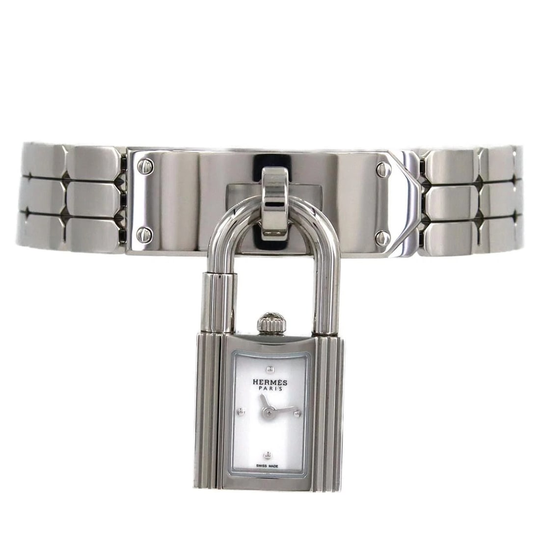 HERMES KELLY SS WATCH: HERMES Kelly SS Watch Brand: HERMES Type: Wristwatch Material: Case: SST Bracelet: SST Color: Dial Colors: White Size: Case diameter: 16mm Max Wrist size: 15cm Accessories: None Accessories