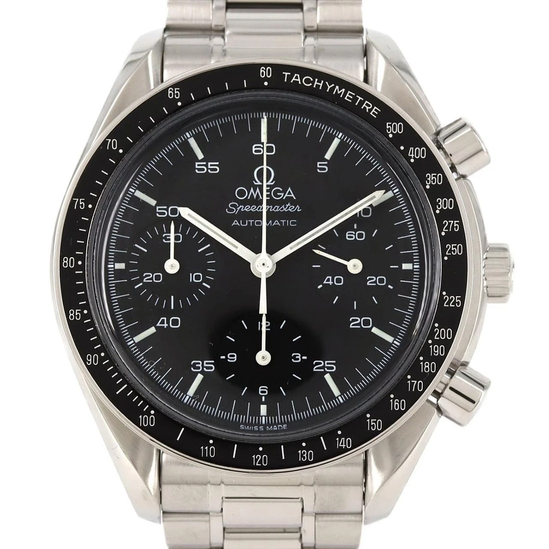 OMEGA SPEEDMASTER SS WATCH: OMEGA Speedmaster SS Watch Brand: OMEGA Type: Wristwatch Material: Case: SST Bracelet: SST Color: Dial Colors: Black Size: Case diameter: 39mm Max Wrist size: 16cm Accessories: None Access