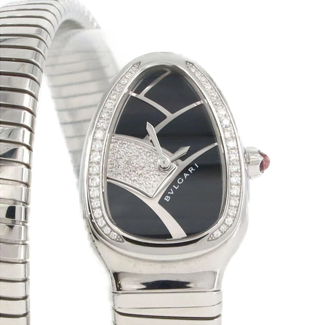 BVLGARI SERPENTI STAINLESS STEEL WATCH: Bvlgari Serpenti Stainless Steel Watch Brand: BVLGARI Type: Wrist watch Material: Case: Stainless Steel Breath: Stainless Steel Color: Dial color: Black, diamonds Size: Case diameter: 23x35mm
