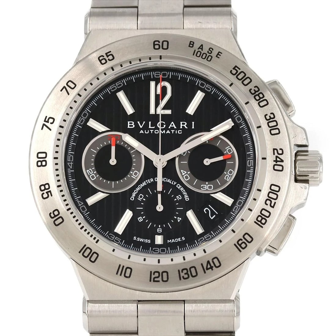 BVLGARI DIAGONO CHRONO WATCH: BVLGARI Diagono Chrono Watch Brand: BVLGARI Type: Wristwatch Material: Case: SST Bracelet: SST Color: Dial Colors: Black Size: Case diameter: 42mm Max Wrist size: 20cm Accessories: None