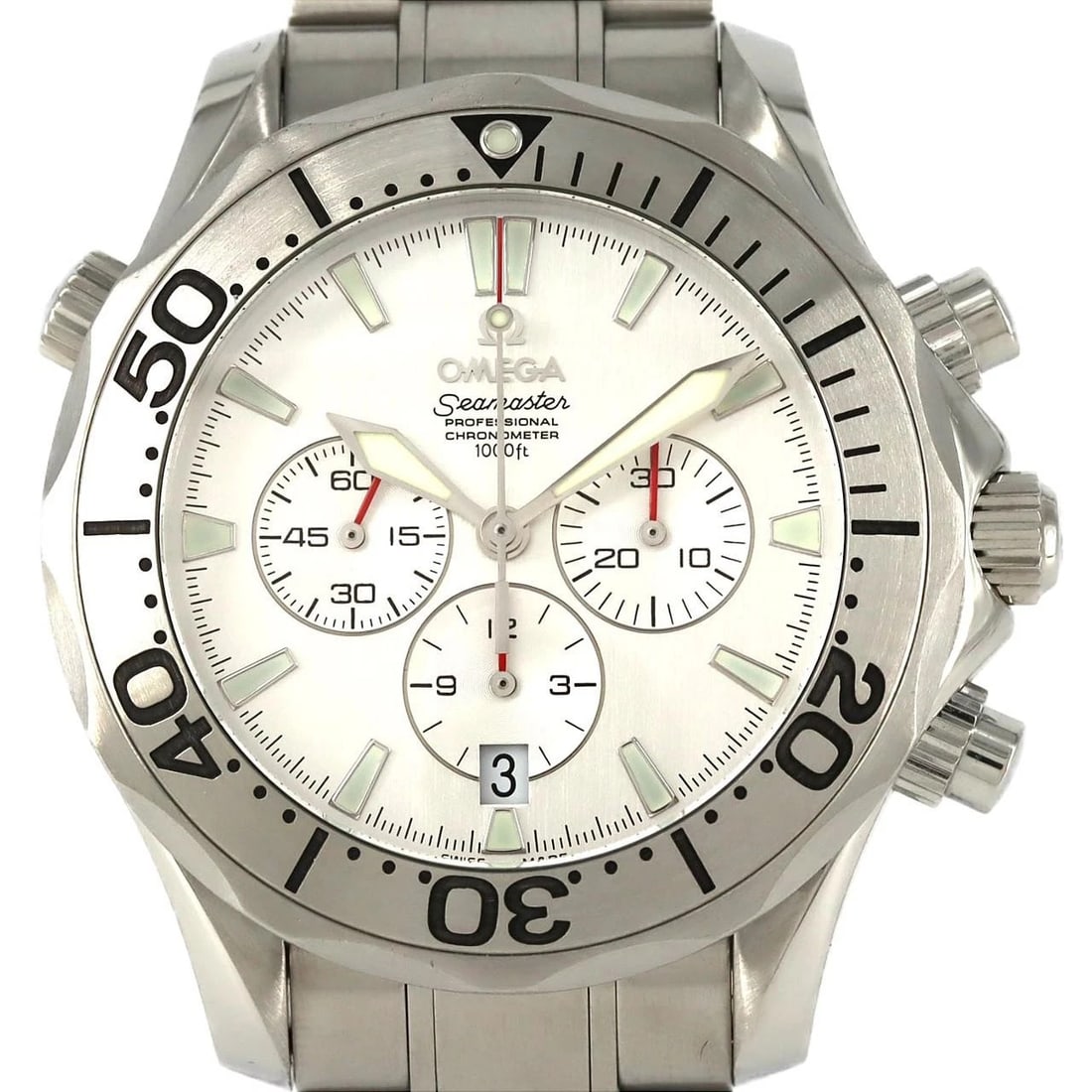OMEGA SEAMASTER CHRONO STAINLESS STEEL WATCH: Omega Seamaster Chrono Stainless Steel Watch Brand: OMEGA Type: Wrist watch Material: Case: Stainless Steel Breath: Stainless Steel Color: Dial Color: Silver Size: Case diameter: Approx.