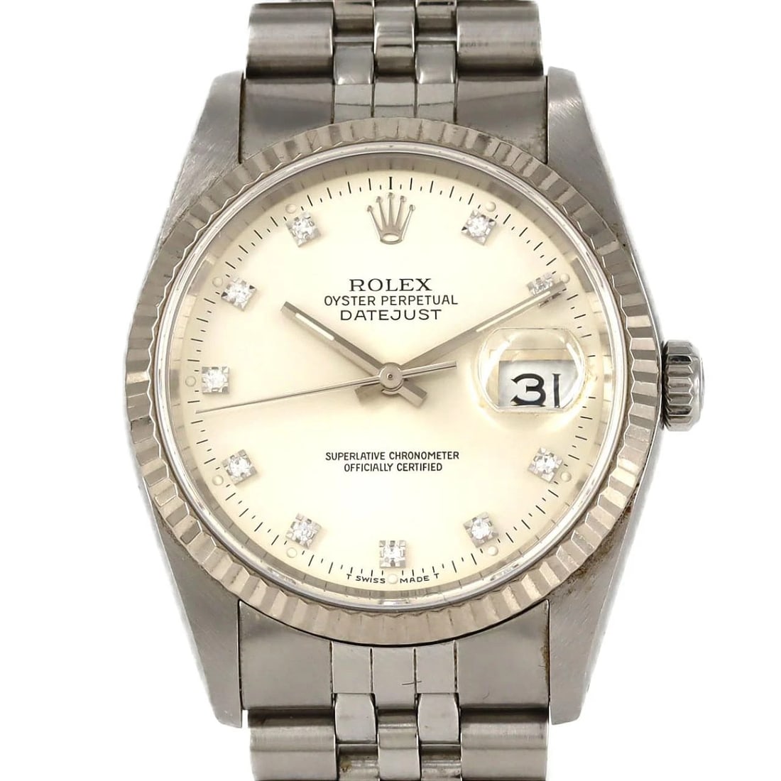 ROLEX DATEJUST SSXWG WATCH: Rolex Datejust SSxWG Watch Brand: ROLEX Type: Wrist watch Material: Case: Stainless steel x white gold Bracelet: Stainless steel Color: Dial color: Silver/Diamond Size: Case diameter: Approx.