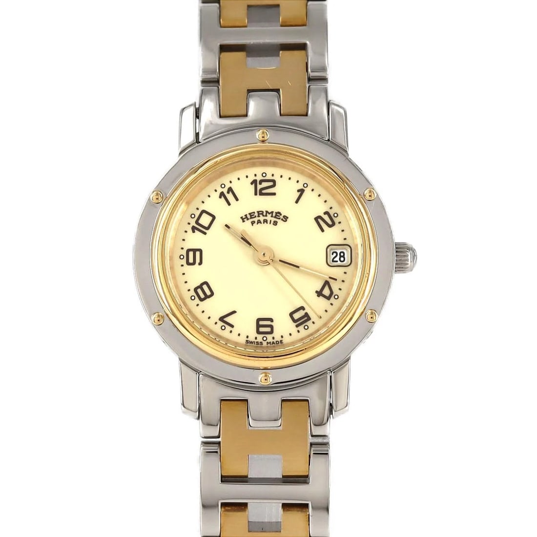 HERMÈS CLIPPER SSXGP WATCH: Hermès Clipper SSxGP Watch Brand: HERMES Type: Wrist watch Material: Case: Stainless steel x gold plated Bracelet: Stainless steel x gold plated Color: Dial color: Ivory/Arabic Size: Case