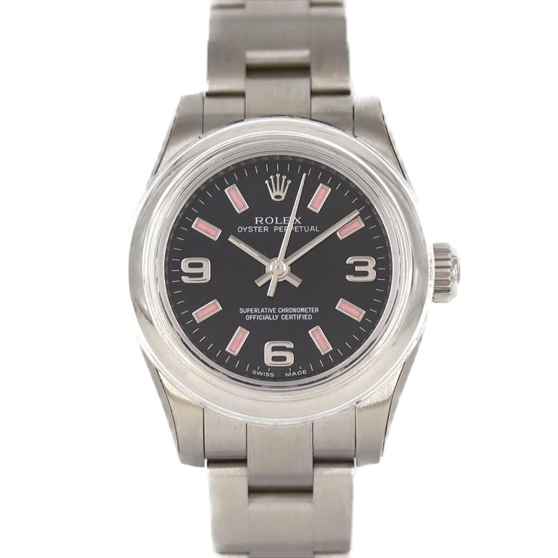 ROLEX OYSTER PERPETUAL STAINLESS STEEL WATCH: Rolex Oyster Perpetual Stainless Steel Watch Brand: ROLEX Type: Wrist watch Material: Case: Stainless Steel Breath: Stainless Steel Color: Dial color: Black/3, 6, 9, PK index Size: Case