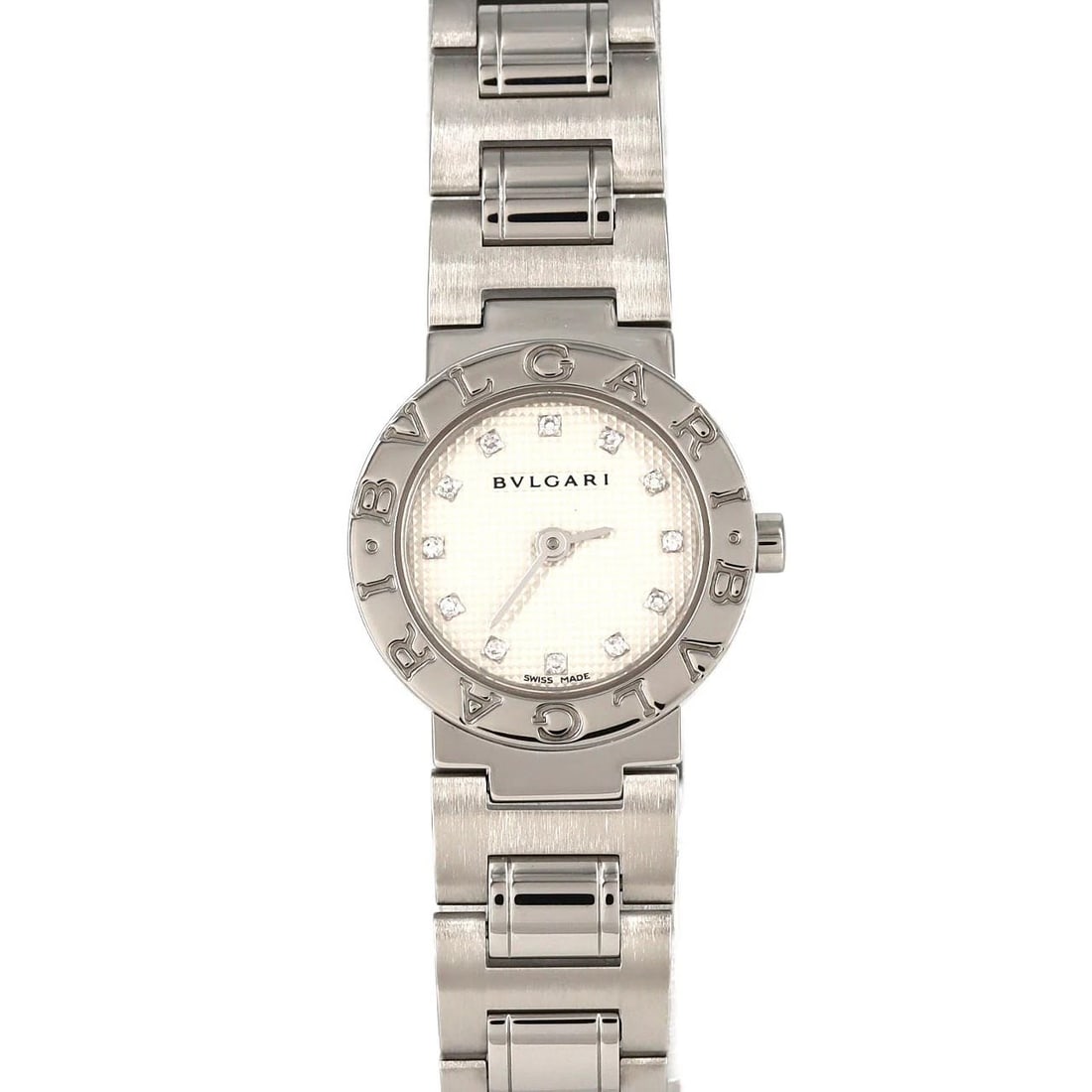 BVLGARI SS WATCH: BVLGARI SS Watch Brand: BVLGARI Type: Wristwatch Material: Case: SST Bracelet: SST Color: Dial Colors: White Diamond Size: Case diameter: 23mm Max Wrist size: 16cm Accessories: None Access