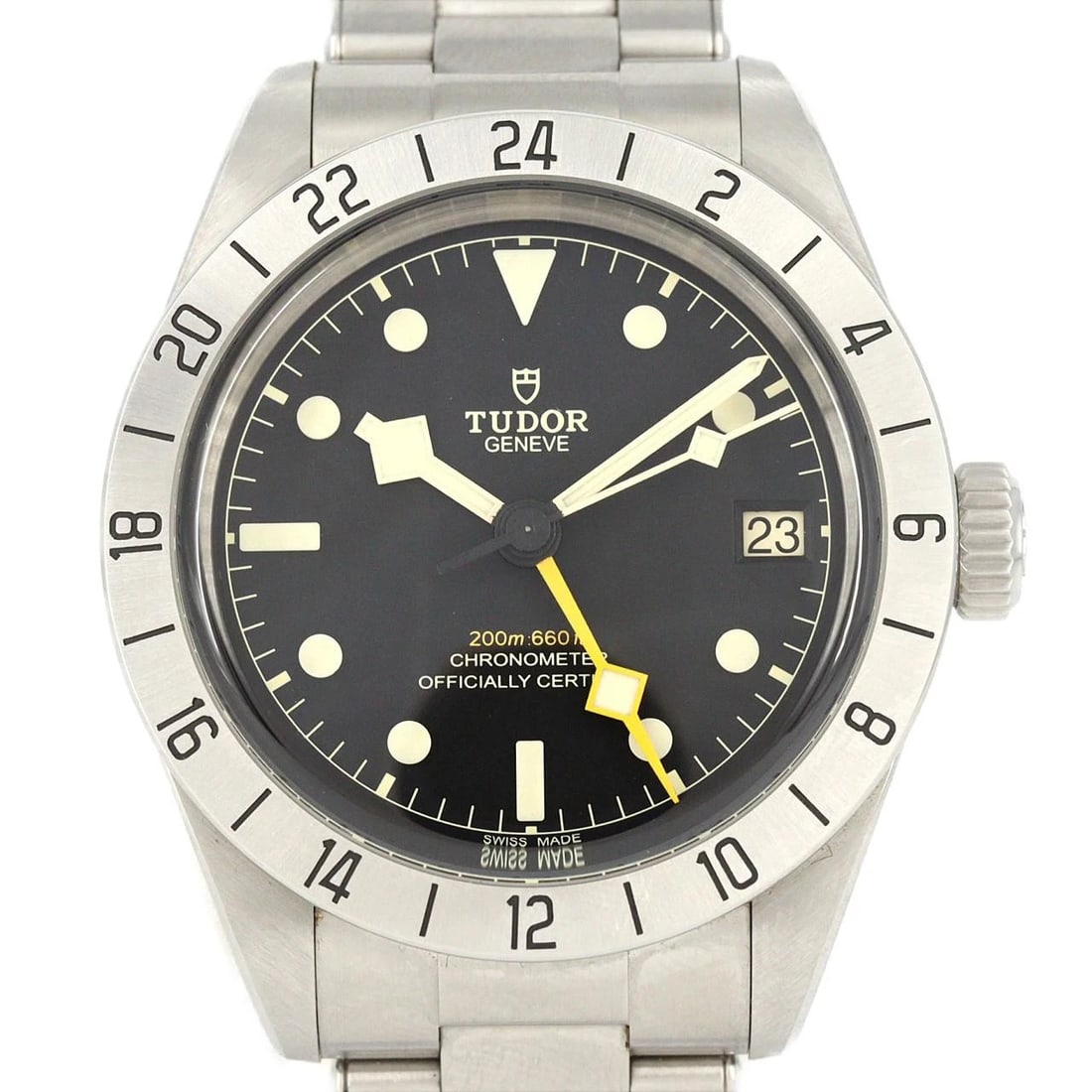TUDOR BLACK STAINLESS STEEL WATCH: Tudor Black Stainless Steel Watch Brand: Tudor Type: Wrist watch Material: Case: Stainless Steel Breath: Stainless Steel Color: Dial Color: Black Size: Case diameter: Approx. 39 mm Max wrist