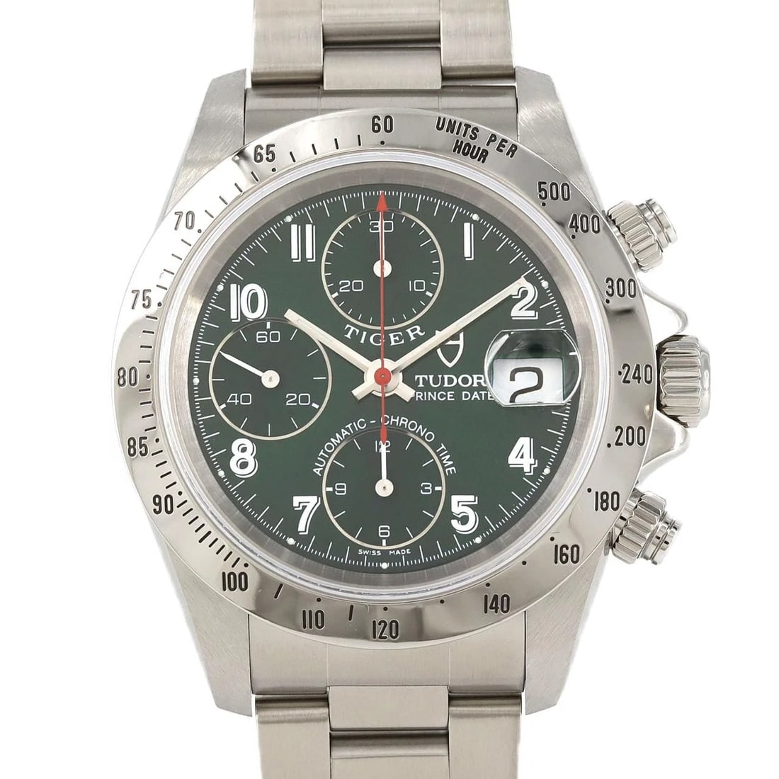TUDOR CHRONOTIME SS WATCH: Tudor Chronotime SS Watch Brand: Tudor TUDOR Type: Wristwatch Material: Case: SST Bracelet: SST Color: Dial Colors: Green Arabia Size: Case diameter: 39.5mm Max Wrist size: 19cm Accessories:
