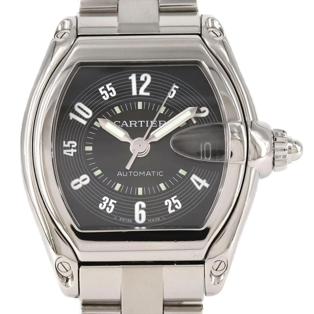 CARTIER ROADSTER STAINLESS STEEL WATCH: Cartier Roadster Stainless Steel Watch Brand: CARTIER Type: Wrist watch Material: Case: Stainless Steel Breath: Stainless Steel Color: Dial color: Black/Arabic Size: Case diameter: 37x44mm Max