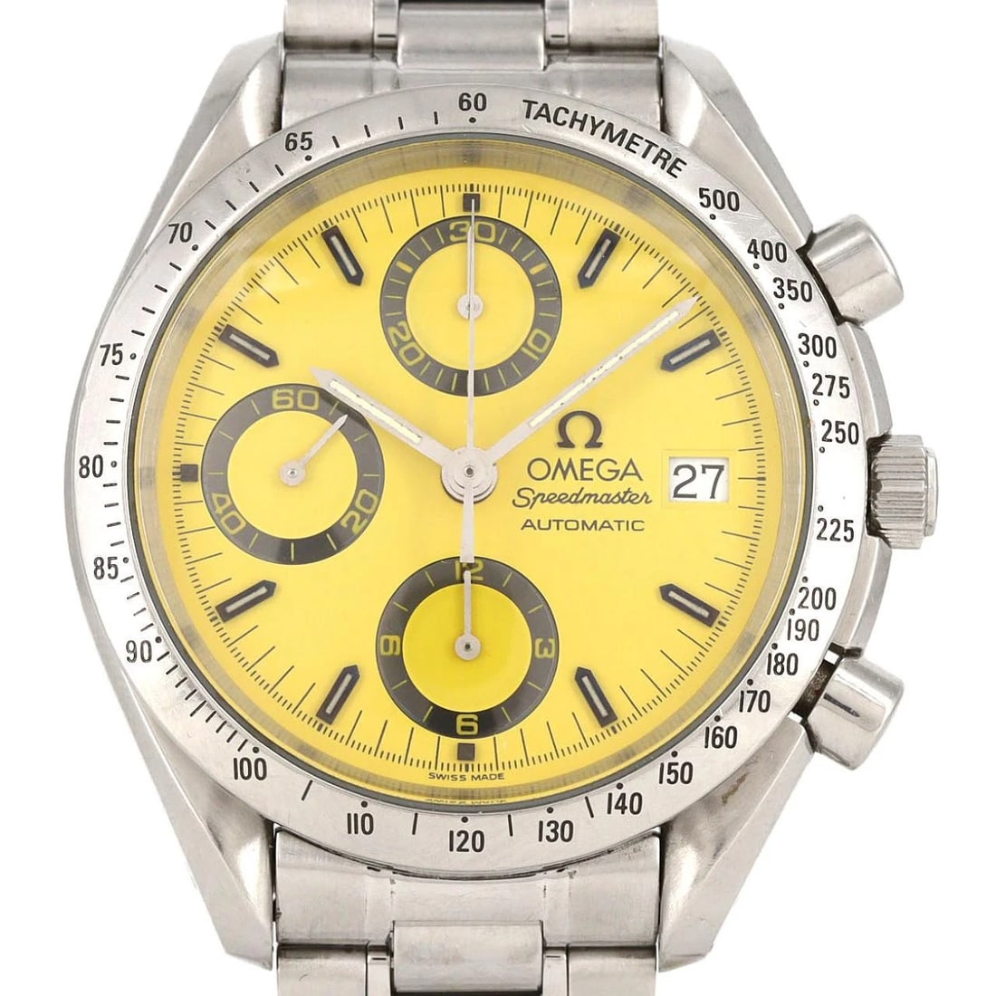 OMEGA SPEEDMASTER SS WATCH: OMEGA Speedmaster SS Watch Brand: OMEGA Type: Wristwatch Material: Case: SST Bracelet: SST Color: Dial Colors: Yellow Size: Case diameter: 39mm Max Wrist size: 18cm Accessories: None Acces