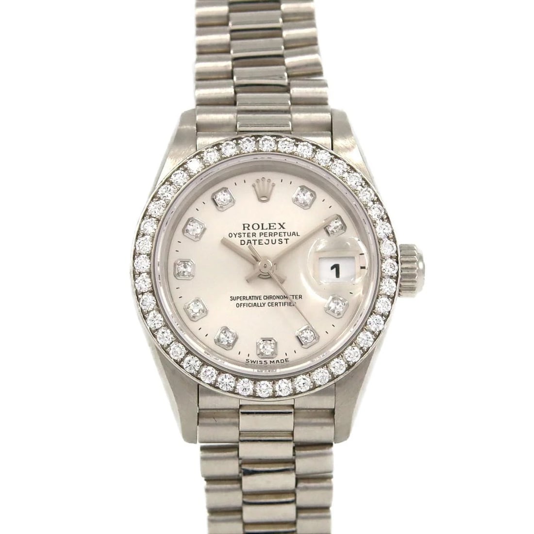 ROLEX DATEJUST PT WATCH: Rolex Datejust PT Watch Brand: ROLEX Type: Wrist watch Material: Case: Platinum Bracelet: Platinum Color: Dial color: Silver/Diamond Size: Case diameter: Approx. 26mm Max wrist circumference:
