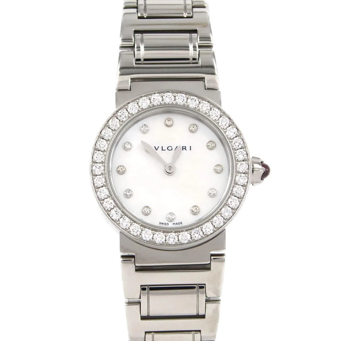 BVLGARI STAINLESS STEEL WATCH: Bvlgari Stainless Steel Watch Brand: BVLGARI Type: Wrist watch Material: Case: Stainless Steel Breath: Stainless Steel Color: Dial Color: Mother of pearl/Diamond Size: Case diameter: Approx.