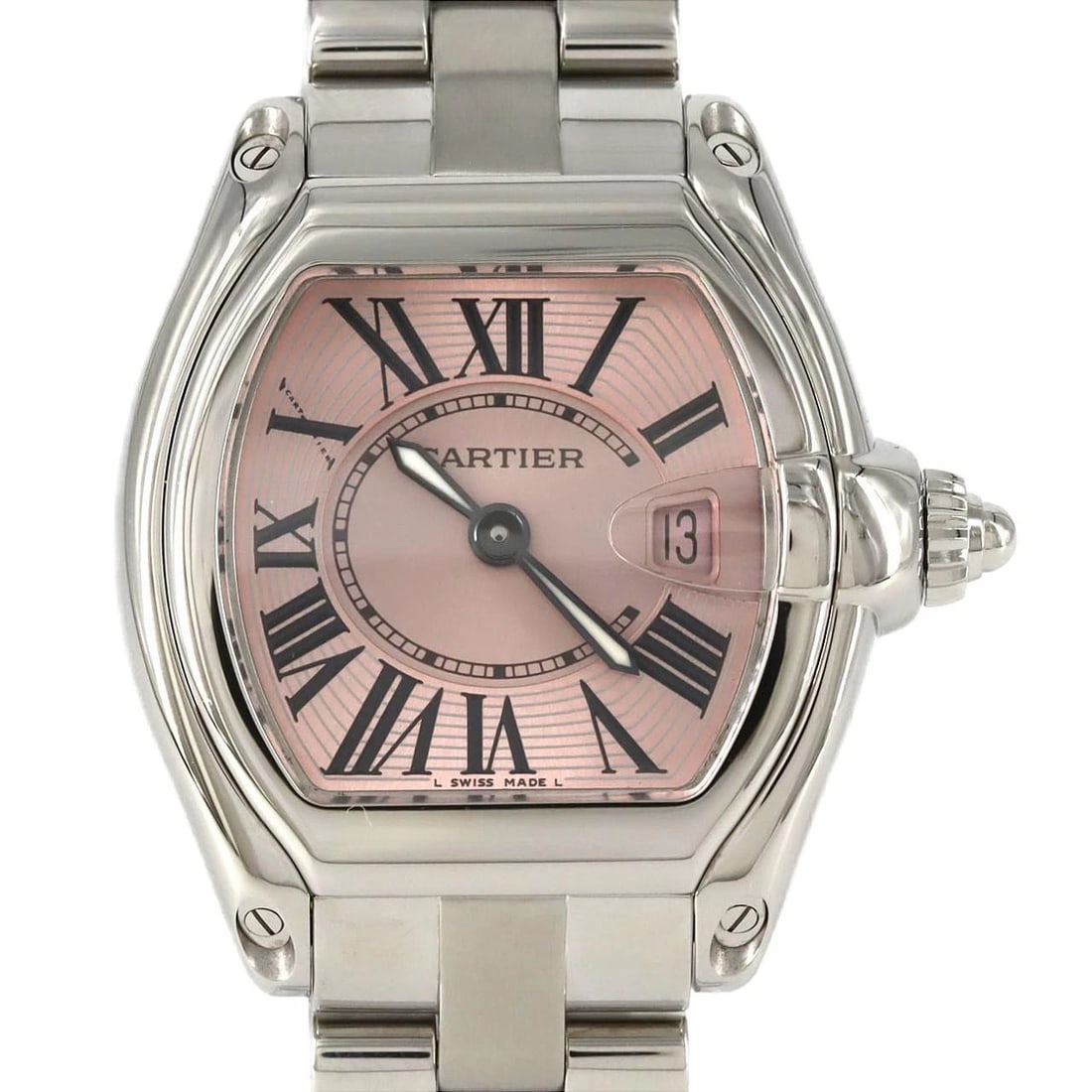 CARTIER ROADSTER STAINLESS STEEL WATCH: Cartier Roadster Stainless Steel Watch Brand: CARTIER Type: Wrist watch Material: Case: Stainless Steel Breath: Stainless Steel Color: Dial color: Pink/Roman Size: Case diameter: 32x37mm Max wrist
