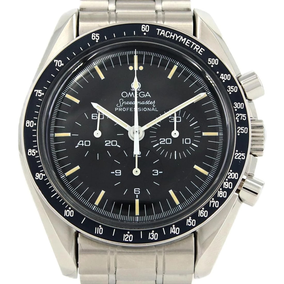 OMEGA SPEEDMASTER SS WATCH: OMEGA Speedmaster SS Watch Brand: OMEGA Type: Wristwatch Material: Case: SST Bracelet: SST Color: Dial Colors: Black Size: Case diameter: 42mm Max Wrist size: 16.5cm Accessories: None