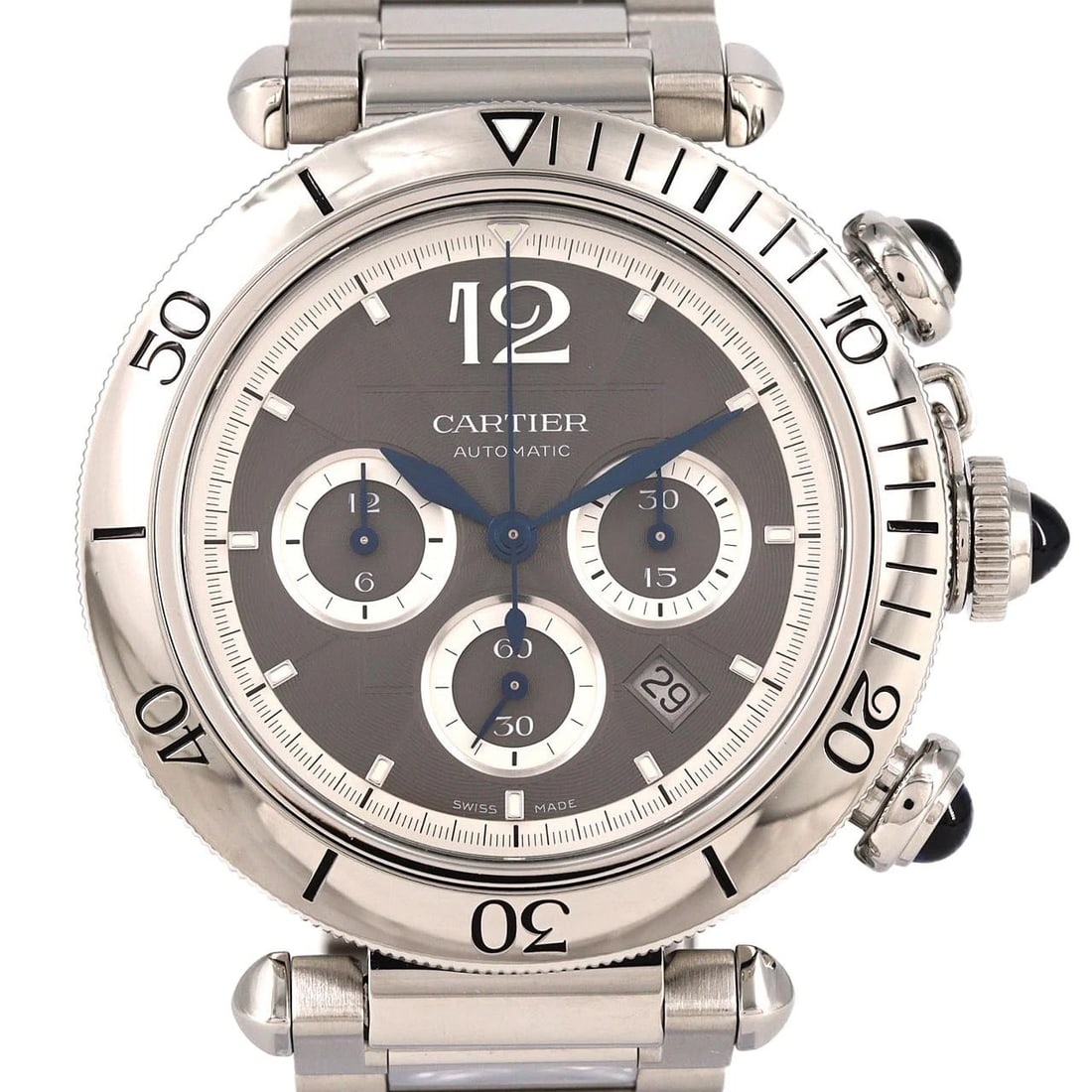 CARTIER PASHA CHRONOGRAPH STAINLESS STEEL WATCH: Cartier Pasha Chronograph Stainless Steel Watch Brand: CARTIER Type: Wrist watch Material: Case: Stainless Steel Breath: Stainless Steel Color: Dial color: Gray Size: Case diameter: Approx. 41