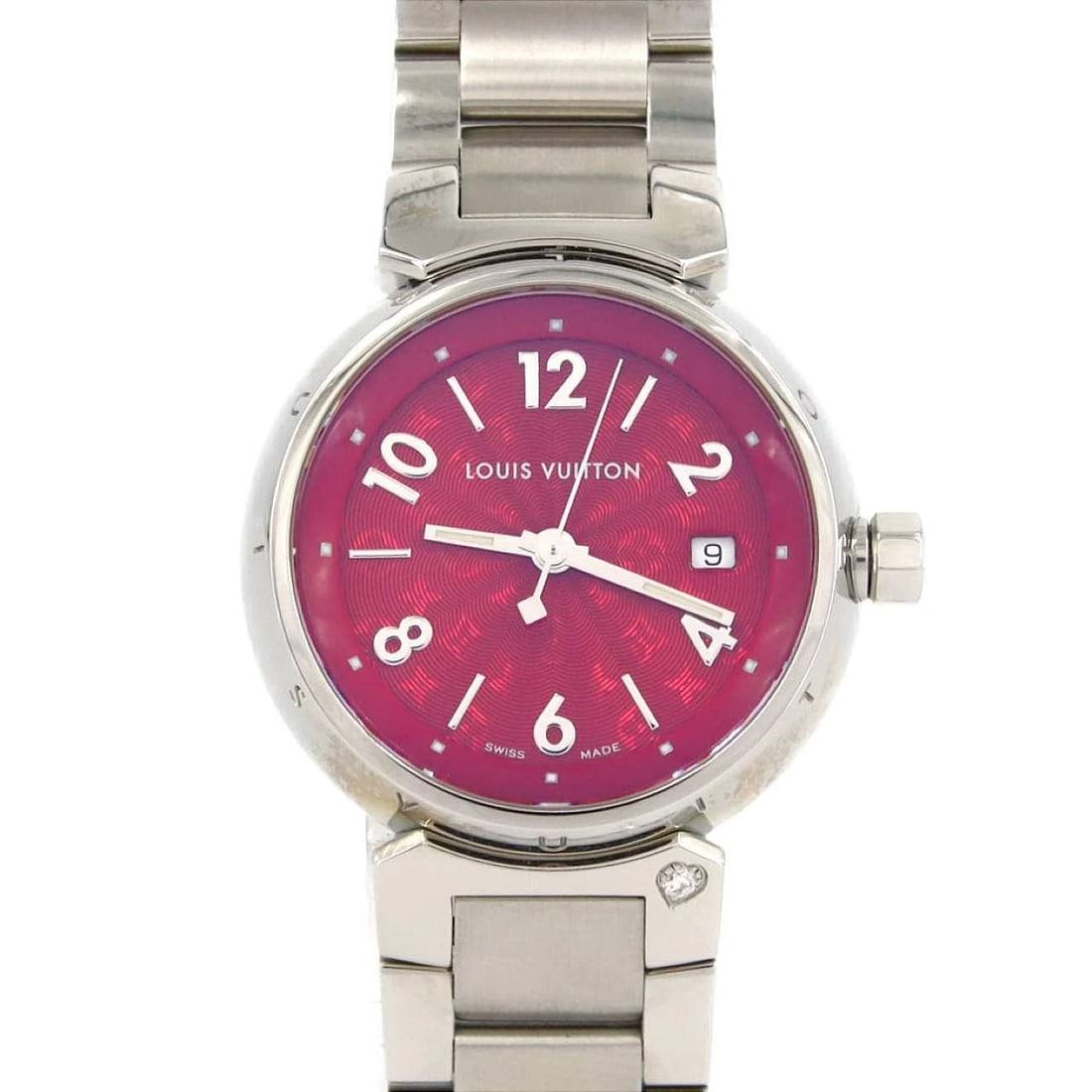 LOUIS VUITTON TAMBOUR SS WATCH: LOUIS VUITTON Tambour SS Watch Brand: LOUIS VUITTON Type: Wristwatch Material: Case: SST Bracelet: SST Color: Dial Colors: Red logo Size: Case diameter: 28mm Max Wrist size: 18.5cm 