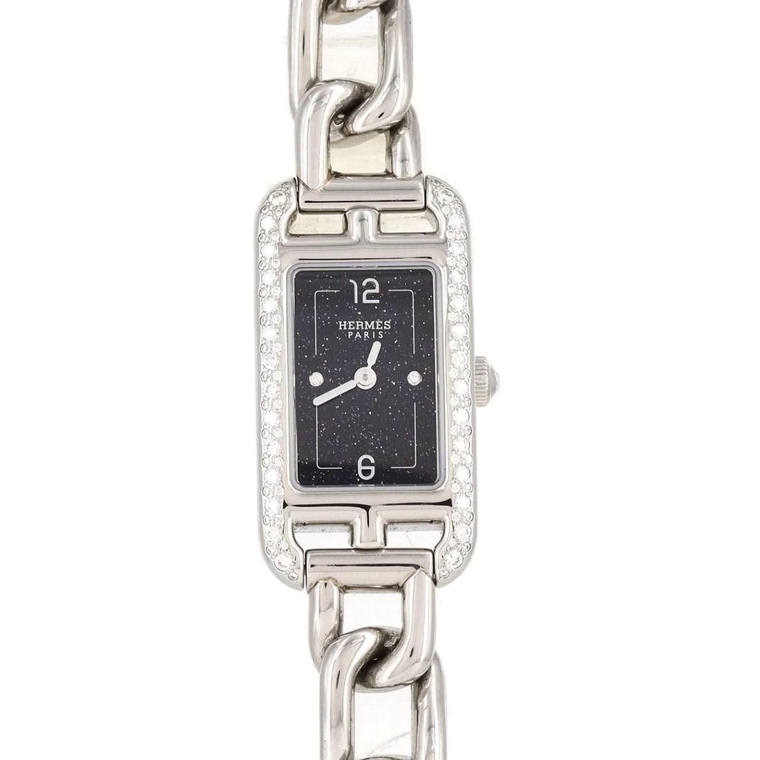 HERMES NANTUCKET SS WATCH: HERMES Nantucket SS Watch Brand: HERMES Type: Wristwatch Material: Case: SST Bracelet: SST Color: Dial Colors: Aventurine Diamond Size: Case diameter: 17x32.5mm Max Wrist size: 15.5cm 