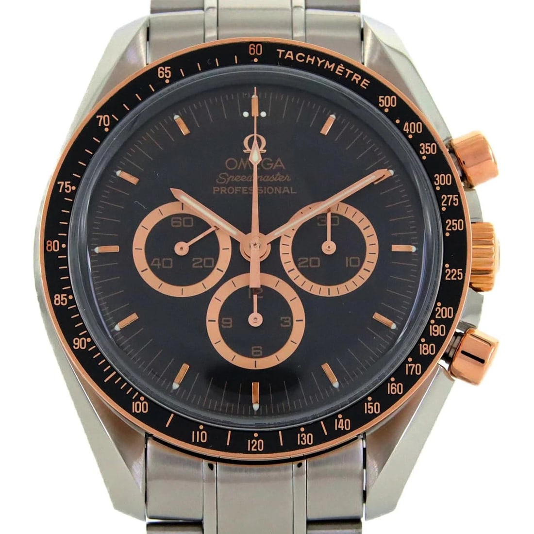 OMEGA SPEEDMASTER SSXPG WATCH: Omega Speedmaster SSxPG Watch Brand: OMEGA Type: Wrist watch Material: Case: Stainless steel x pink gold Bracelet: Stainless steel Color: Dial Color: Black Size: Case diameter: Approx. 42 mm