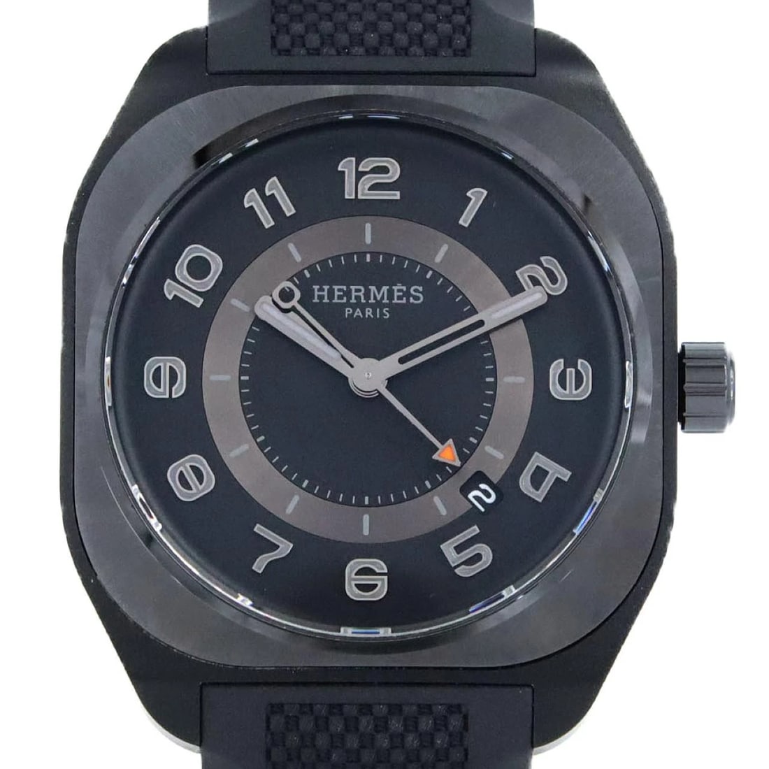 HERMES RUBBER WATCH: HERMES Rubber Watch Brand: HERMES Type: Wristwatch Material: Case: Bracelet: Rubber Color: Dial Colors: Black arabic Band color : Black Size: Case diameter: 39x46.5mm Accessories: None