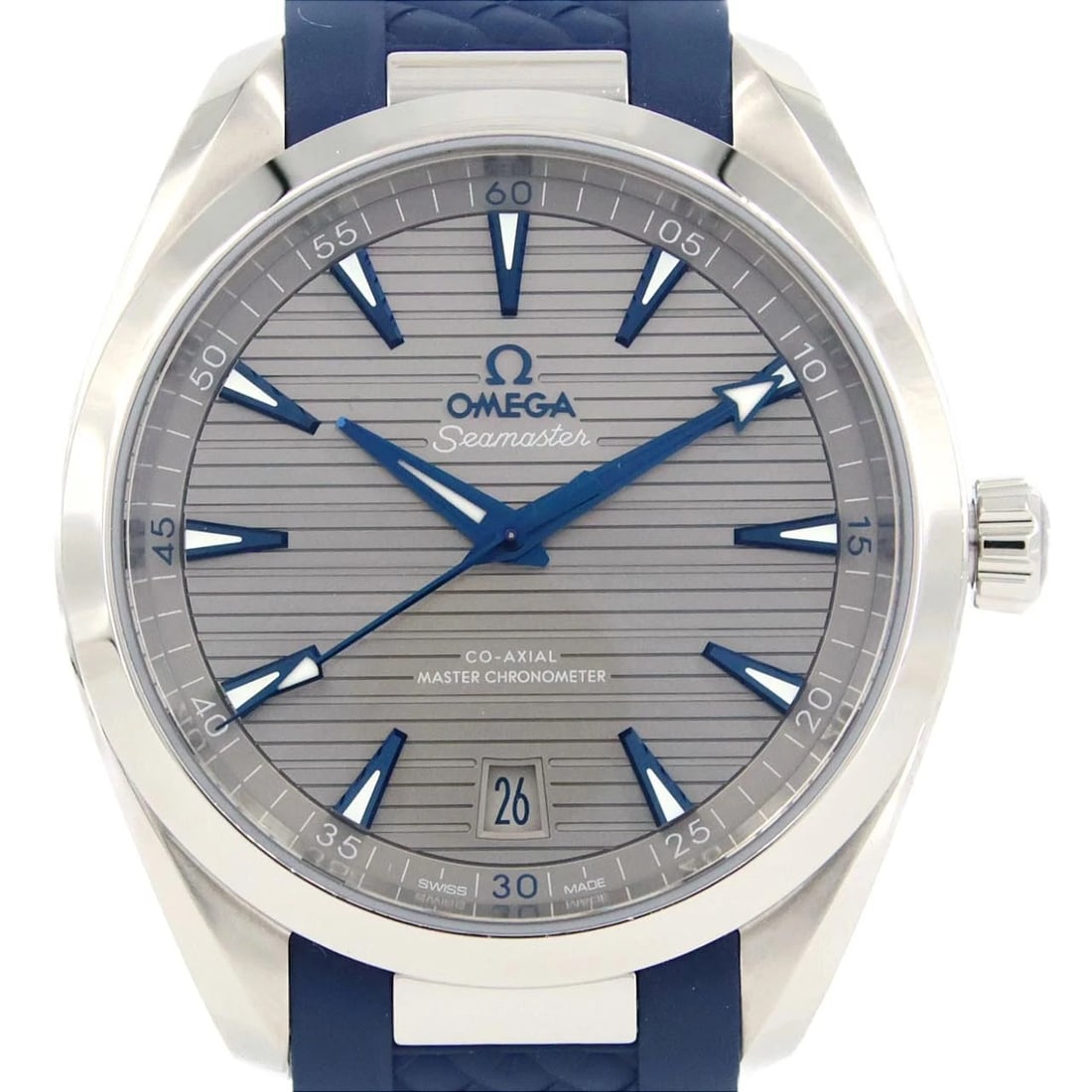 OMEGA SEAMASTER AQUA TERRA STAINLESS STEEL WATCH: Omega Seamaster Aqua Terra Stainless Steel Watch Brand: OMEGA Type: Wrist watch Material: Case: Stainless Steel Breath: Rubber Color: Dial Color: Silver Band Color: Blue Size: Case diameter: