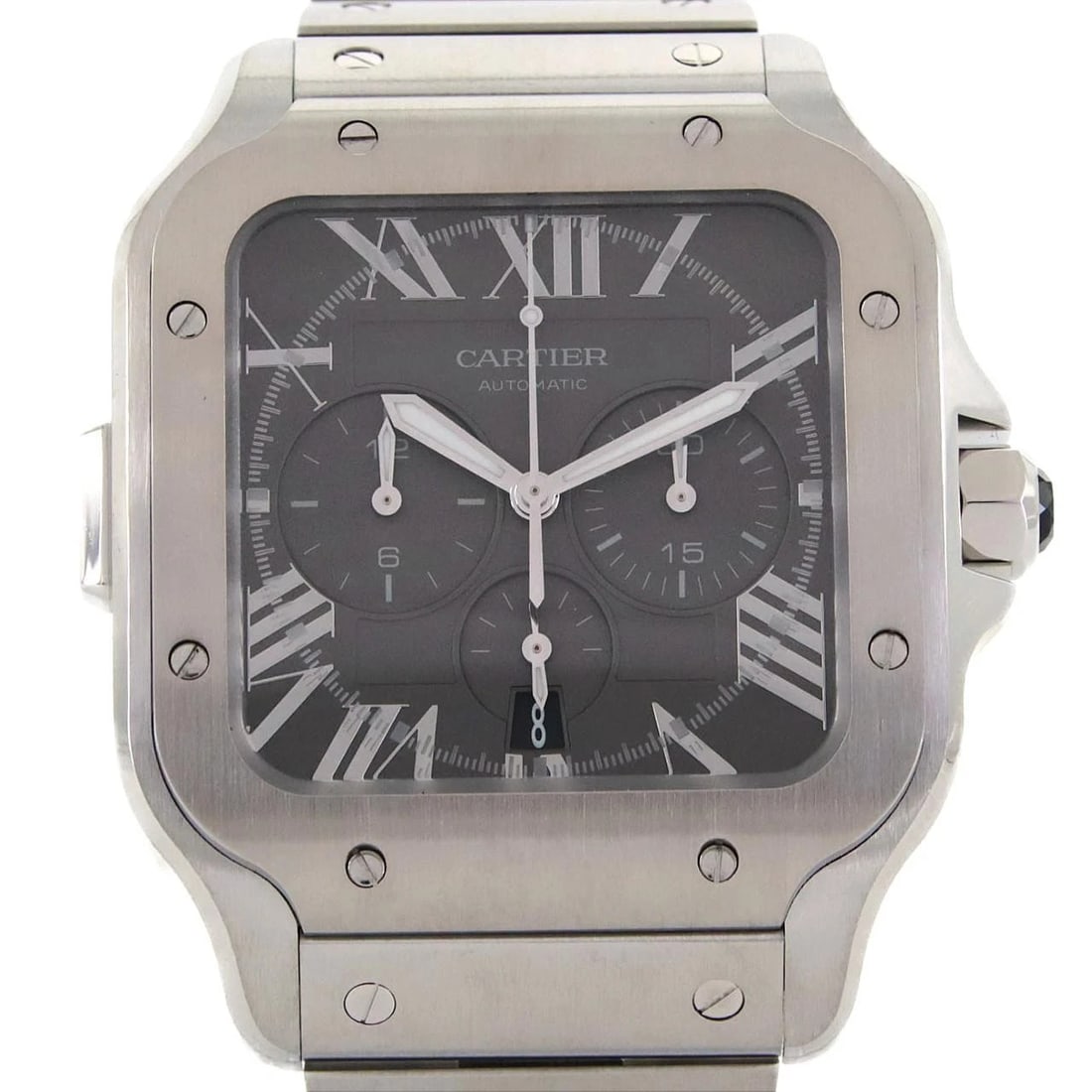CARTIER SANTOS CHRONOGRAPH STAINLESS STEEL WATCH: Cartier Santos Chronograph Stainless Steel Watch Brand: CARTIER Type: Wrist watch Material: Case: Stainless Steel Breath: Stainless Steel Color: Dial color: Gray/Arabic Size: Case diameter: