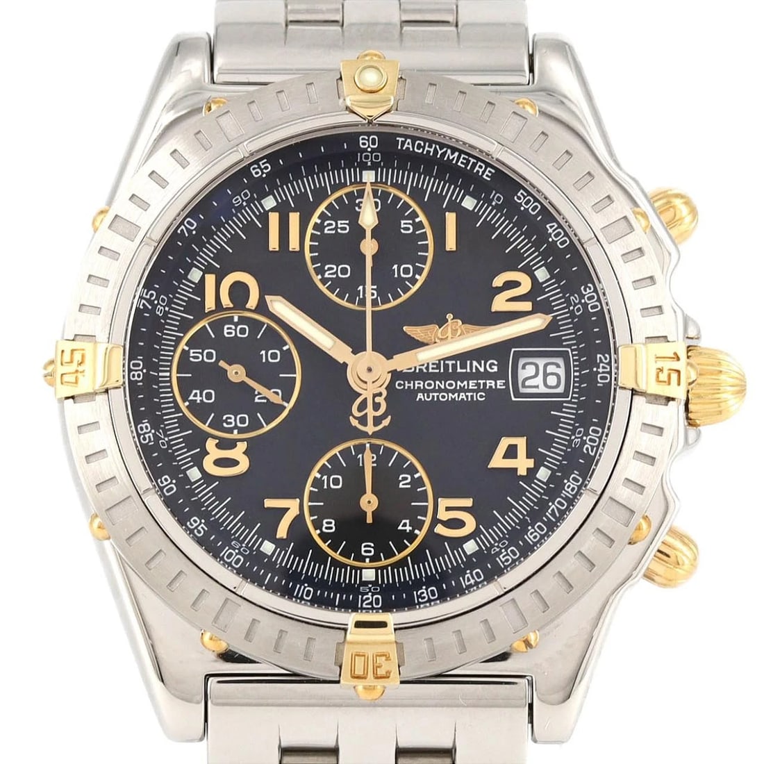 BREITLING CHRONOMAT SSXYG WATCH: BREITLING Chronomat SSxYG Watch Brand: BREITLING Type: Wristwatch Material: Case: SST x Yellow Gold Bracelet: SST Color: Dial Colors: Black arabic Size: Case diameter: 40mm Max Wrist size: