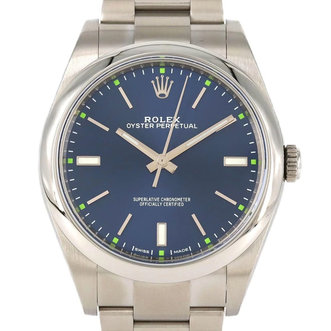 ROLEX OYSTER PERPETUAL SS WATCH: ROLEX Oyster Perpetual SS Watch Brand: ROLEX Type: Wristwatch Material: Case: SST Bracelet: SST Color: Dial Colors: Blue Size: Case diameter: 39mm Max Wrist size: 18cm Accessories: None