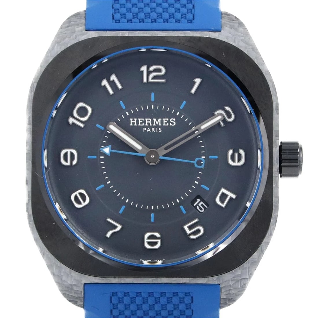 HERMES RUBBER WATCH: HERMES Rubber Watch Brand: HERMES Type: Wristwatch Material: Case: Bracelet: Rubber Color: Dial Colors: Gray Arabia Band color : Blue Size: Case diameter: 39x46mm Accessories: None Accesso