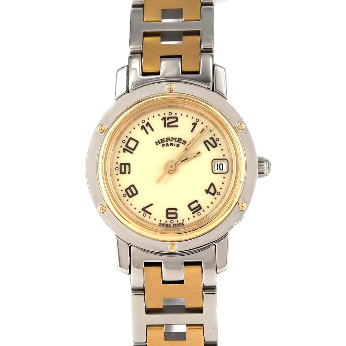 HERMES CLIPPER GOLD & STEEL SSXGP WATCH: HERMES Clipper Gold & Steel SSxGP Watch Brand: HERMES Type: Wristwatch Material: Case: SST x Gold plating Bracelet: SST x Gold plating Color: Dial Colors: Ivory Arabia Size: Case diameter: