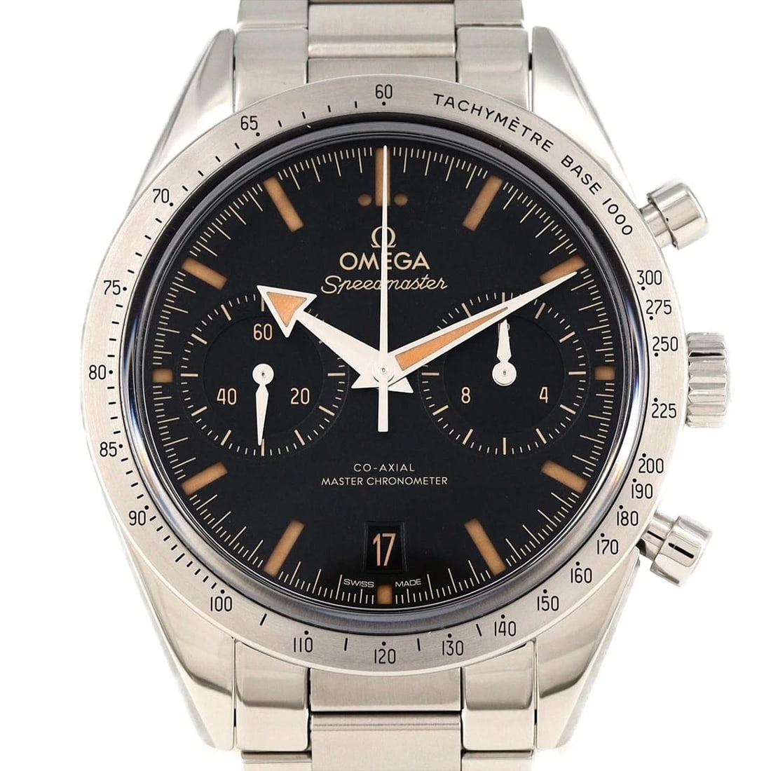OMEGA SPEEDMASTER SS WATCH: OMEGA Speedmaster SS Watch Brand: OMEGA Type: Wristwatch Material: Case: SST Bracelet: SST Color: Dial Colors: Black Size: Case diameter: 40.5mm Max Wrist size: 19cm Accessories: None Acce