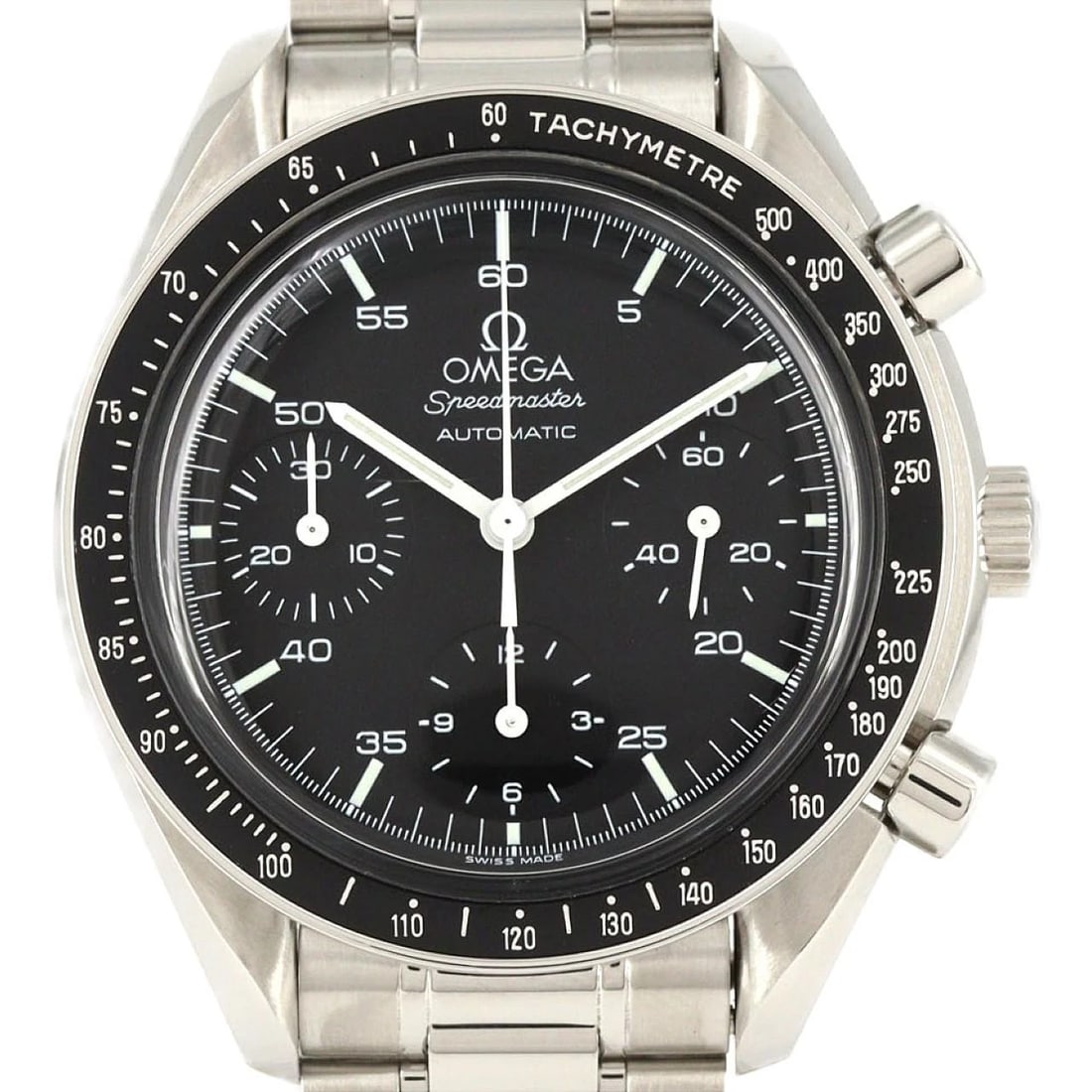 OMEGA SPEEDMASTER SS WATCH: OMEGA Speedmaster SS Watch Brand: OMEGA Type: Wristwatch Material: Case: SST Bracelet: SST Color: Dial Colors: Black Size: Case diameter: 39mm Max Wrist size: 18cm Accessories: None Access