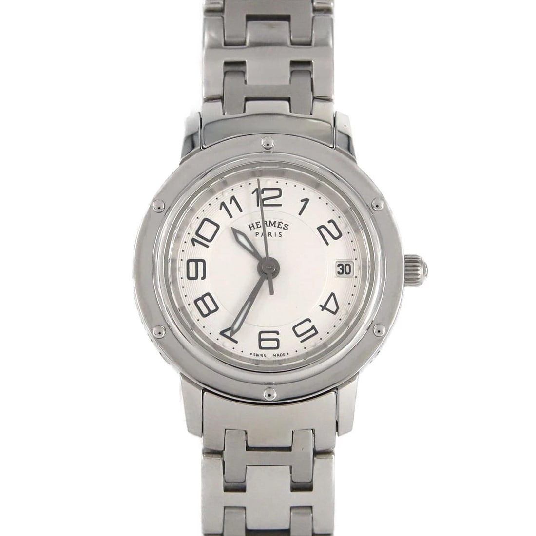 HERMÈS CLIPPE STAINLESS STEEL WATCH: Hermès Clippe Stainless Steel Watch Brand: HERMES Type: Wrist watch Material: Case: Stainless Steel Breath: Stainless Steel Color: Dial color: Silver/Arabic Size: Case diameter: Approx. 24 mm