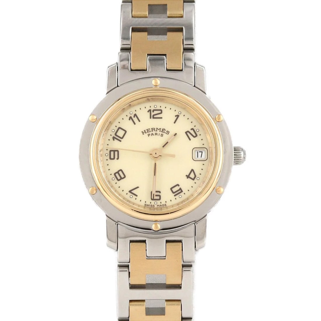 HERMES CLIPPER GOLD & STEEL WATCH: HERMES Clipper Gold & Steel Watch Brand: HERMES Type: Wristwatch Material: Case: SST x Gold plating Bracelet: SST x Gold plating Color: Dial Colors: Ivory Arabia Size: Case diameter: 24mm Max