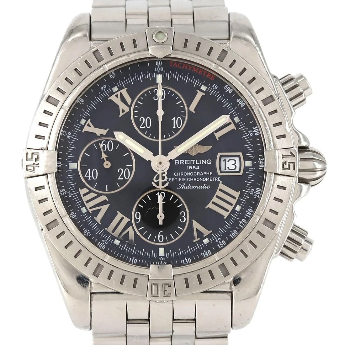 BREITLING CHRONOMAT SS WATCH: BREITLING Chronomat SS Watch Brand: BREITLING Type: Wristwatch Material: Case: SST Bracelet: SST Color: Dial Colors: Black Roman Size: Case diameter: 43.5mm Max Wrist size: 19.5cm 