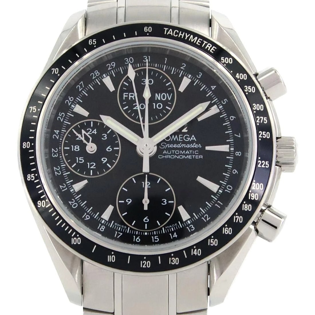 OMEGA SPEEDMASTER SS WATCH: OMEGA Speedmaster SS Watch Brand: OMEGA Type: Wristwatch Material: Case: SST Bracelet: SST Color: Dial Colors: Black Size: Case diameter: 40mm Max Wrist size: 19.5cm Accessories: None Acce