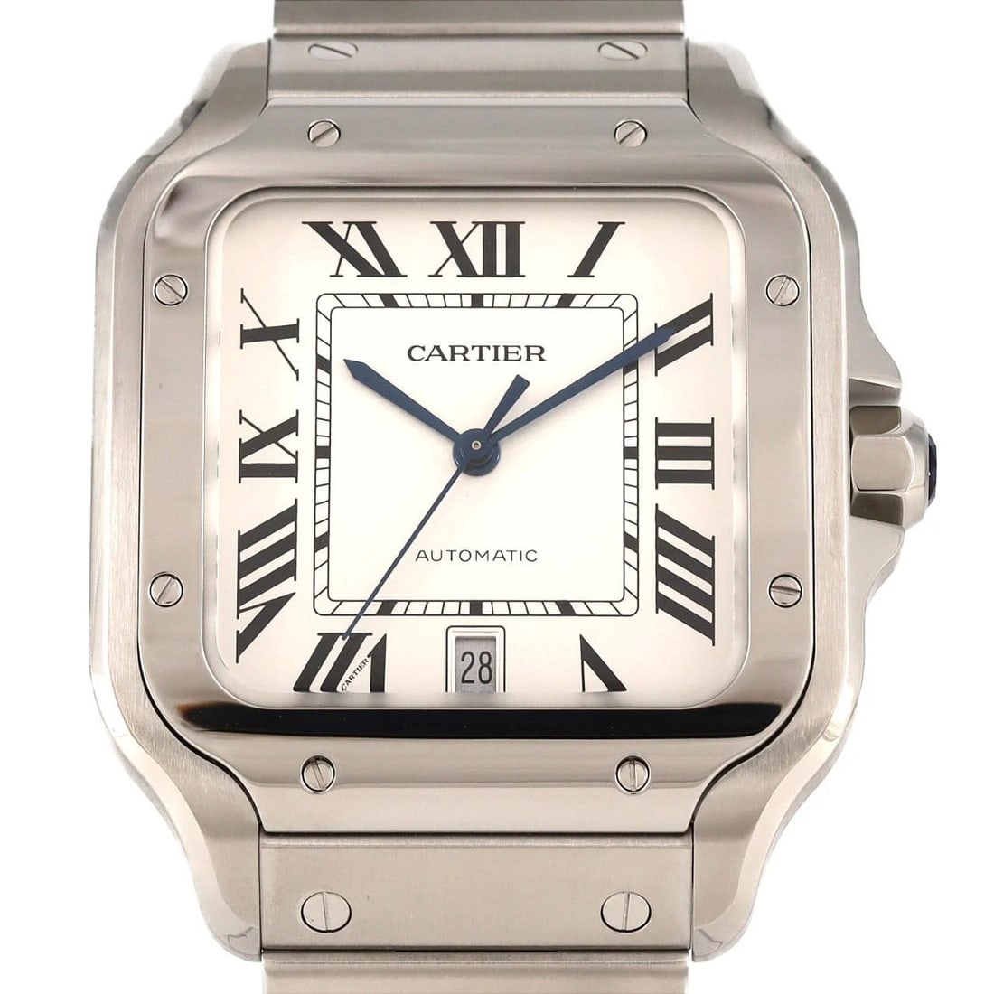 CARTIER SANTOS STAINLESS STEEL WATCH: Cartier Santos Stainless Steel Watch Brand: CARTIER Type: Wrist watch Material: Case: Stainless Steel Breath: Stainless Steel Color: Dial color: Silver/Roman Size: Case diameter: 38x47.5mm Max wri