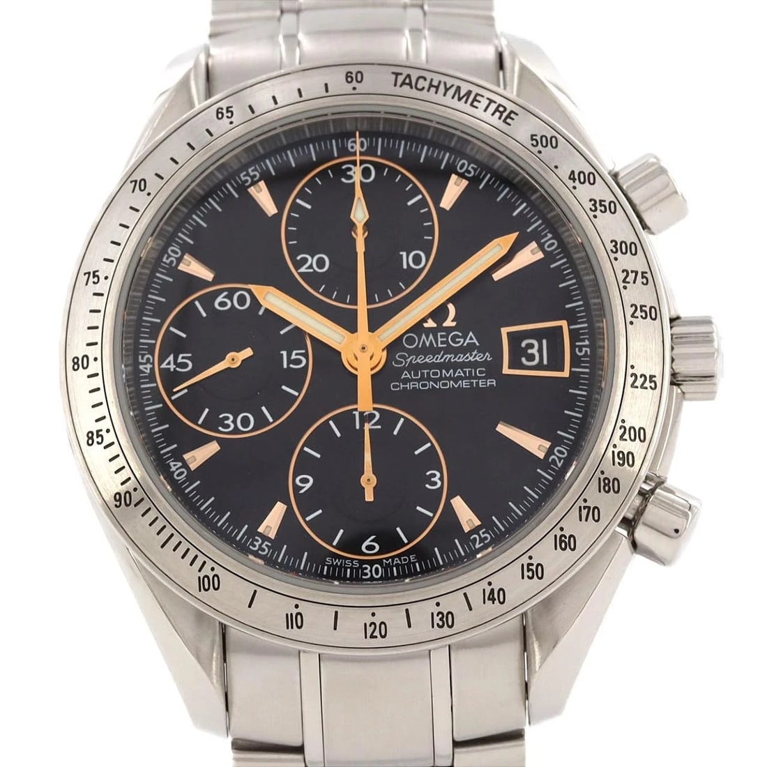 OMEGA SPEEDMASTER SS WATCH: OMEGA Speedmaster SS Watch Brand: OMEGA Type: Wristwatch Material: Case: SST Bracelet: SST Color: Dial Colors: Black Size: Case diameter: 40mm Max Wrist size: 19.5cm Accessories: None Acce
