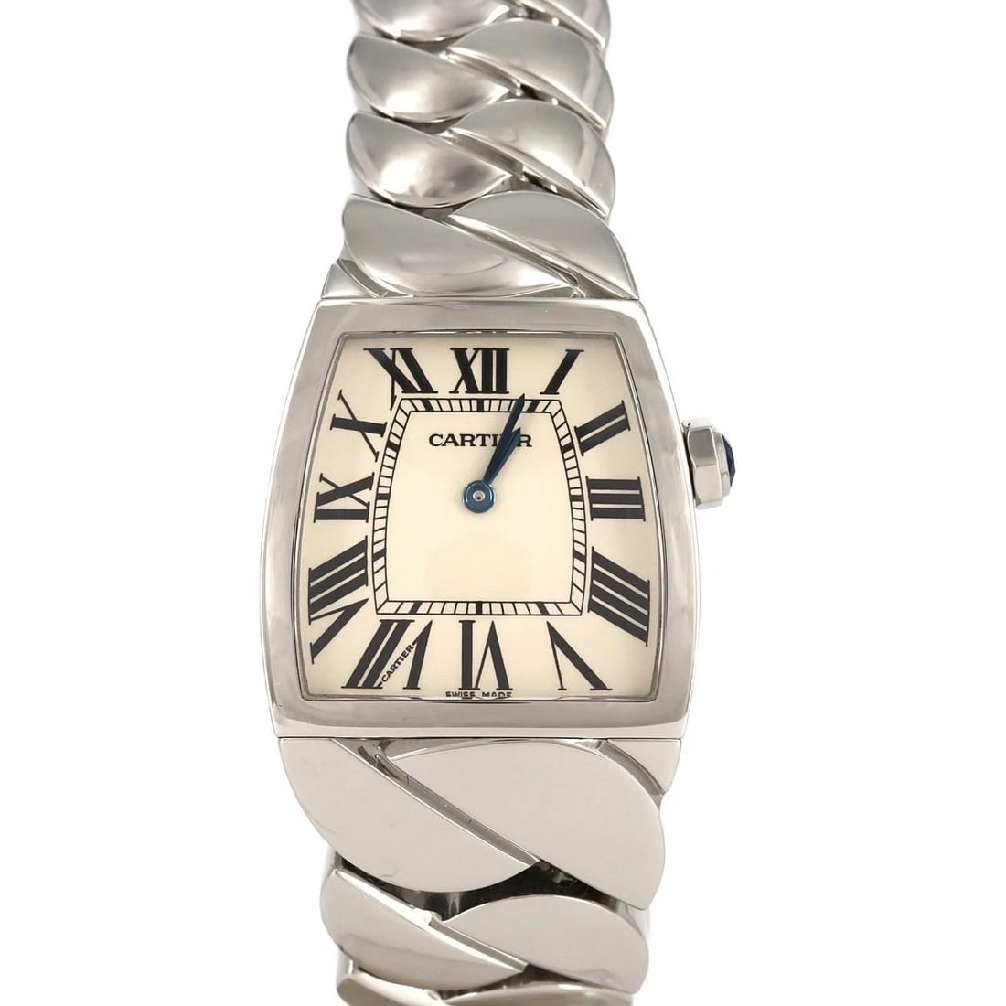 CARTIER LA DONA SS WATCH: Cartier La Dona SS Watch Brand: Cartier Type: Wristwatch Material: Case: SST Bracelet: SST Color: Dial Colors: Silver Roman Size: Case diameter: 28x28mm Max Wrist size: 16cm Accessories: None