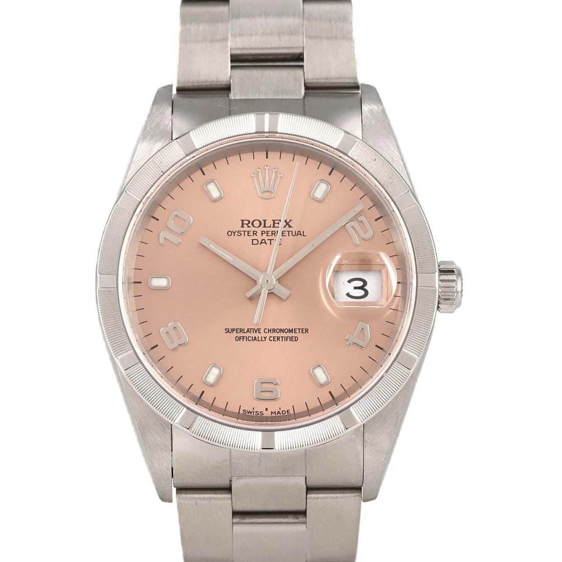 ROLEX OYSTER PERPETUAL SS WATCH: ROLEX Oyster Perpetual SS Watch Brand: ROLEX Type: Wristwatch Material: Case: SST Bracelet: SST Color: Dial Colors: Pink Arabia Size: Case diameter: 34mm Max Wrist size: 19cm Accessories: