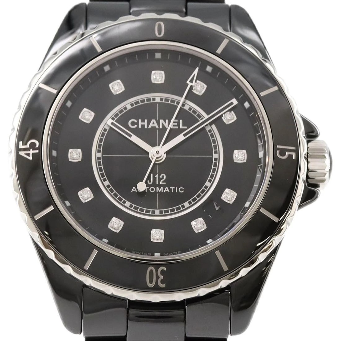 CHANEL J12 CALIBER CERAMIC WATCH: Chanel J12 Caliber Ceramic Watch Brand: CHANEL Type: Wrist watch Material: Case: Ceramic Bracelet: Ceramic Color: Dial color: Black/Diamond Size: Case diameter: Approx. 38mm Max wrist