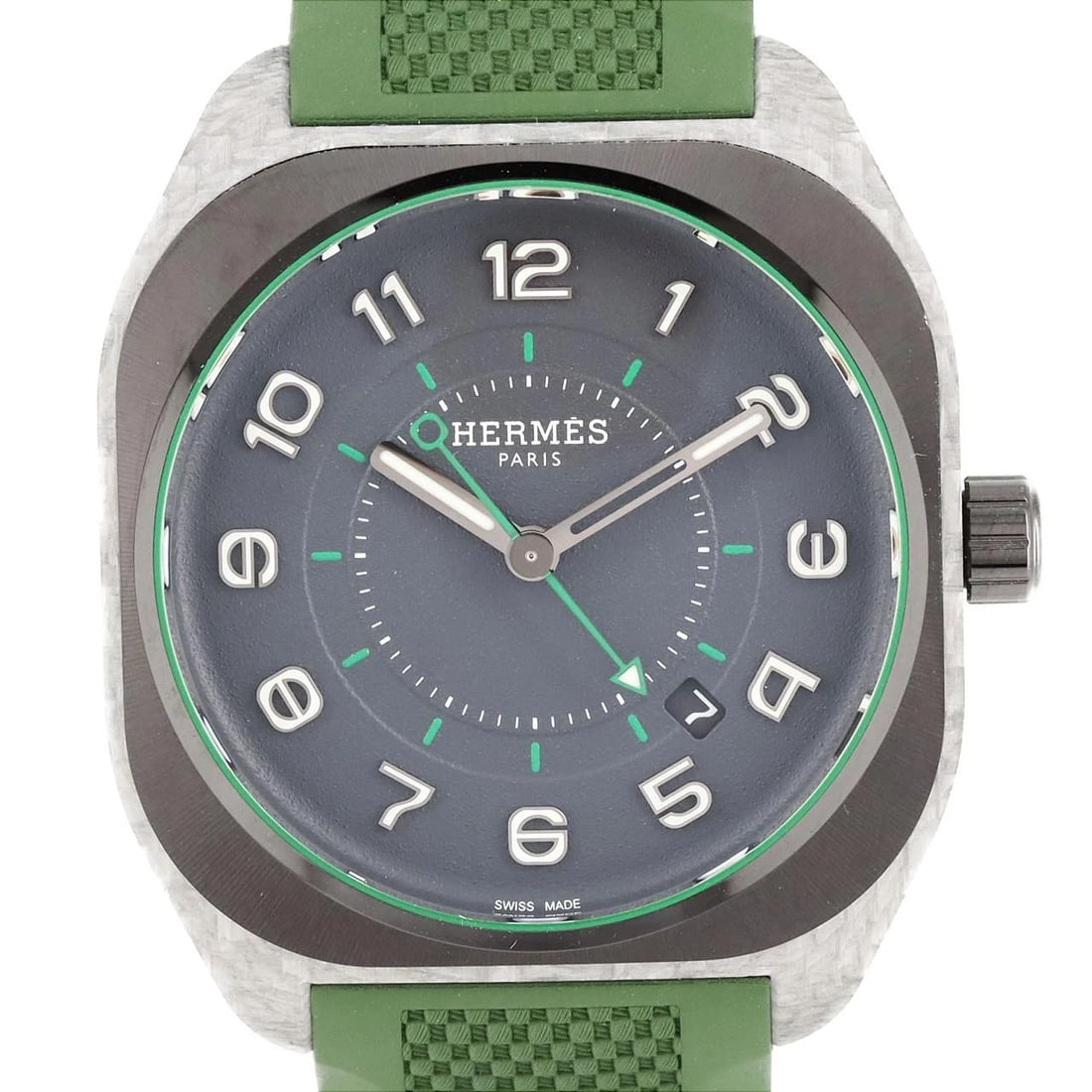 HERMES RUBBER WATCH: Hermes Rubber Watch Brand: HERMES Type: Wrist watch Material: Case: Other Bracelet: Rubber Color: Dial Color: Gray/Arabic Band Color: Green Size: Case diameter: approx. 39x46mm Accessories: None