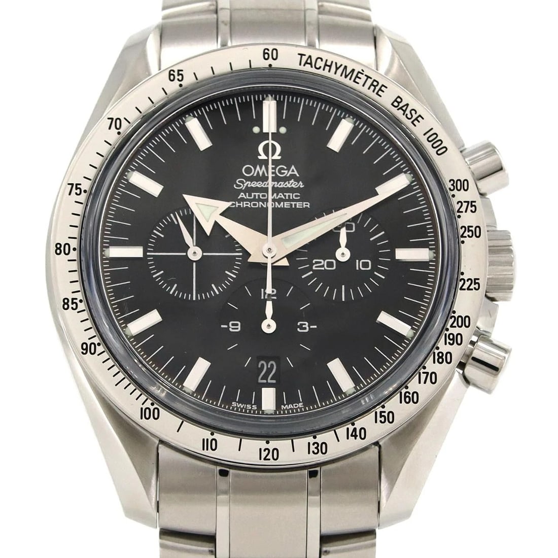 OMEGA SPEEDMASTER SS WATCH: OMEGA Speedmaster SS Watch Brand: OMEGA Type: Wristwatch Material: Case: SST Bracelet: SST Color: Dial Colors: Black Size: Case diameter: 41mm Max Wrist size: 20.5cm Accessories: None Acce