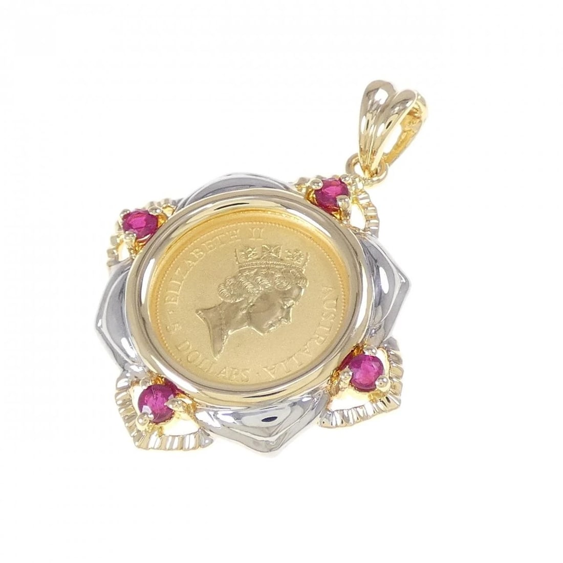 750YG 750WG(FRAME) RUBY COIN PENDANT: 750YG 750WG(Frame) Ruby Coin Pendant Brand: Unbranded Type: Coin Material: 750 Yellow Gold 750 White Gold, Main Stone/Creation Ruby Color: Yellow Gold Size: ActualSize HxW: 30.5mmx22.6mm 
