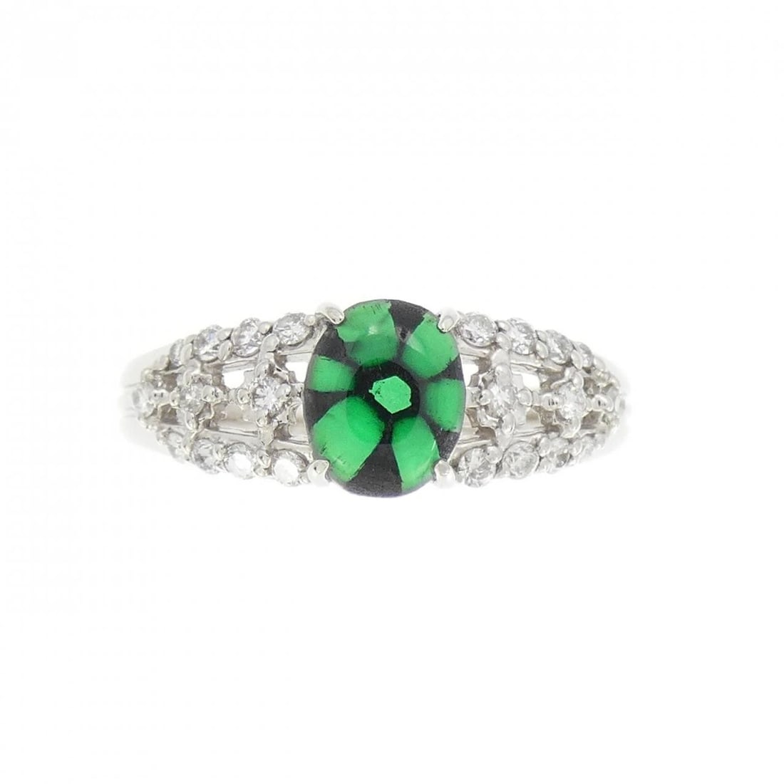 PT900 TRAPICHE EMERALD RING: PT900 Trapiche Emerald Ring Brand: Unbranded Type: Ring Material: Platinum 900, Main Stone/Creation Trapiche Emerald Color: platinum Size: 9.5US Accessories: None Accessories Notice: When