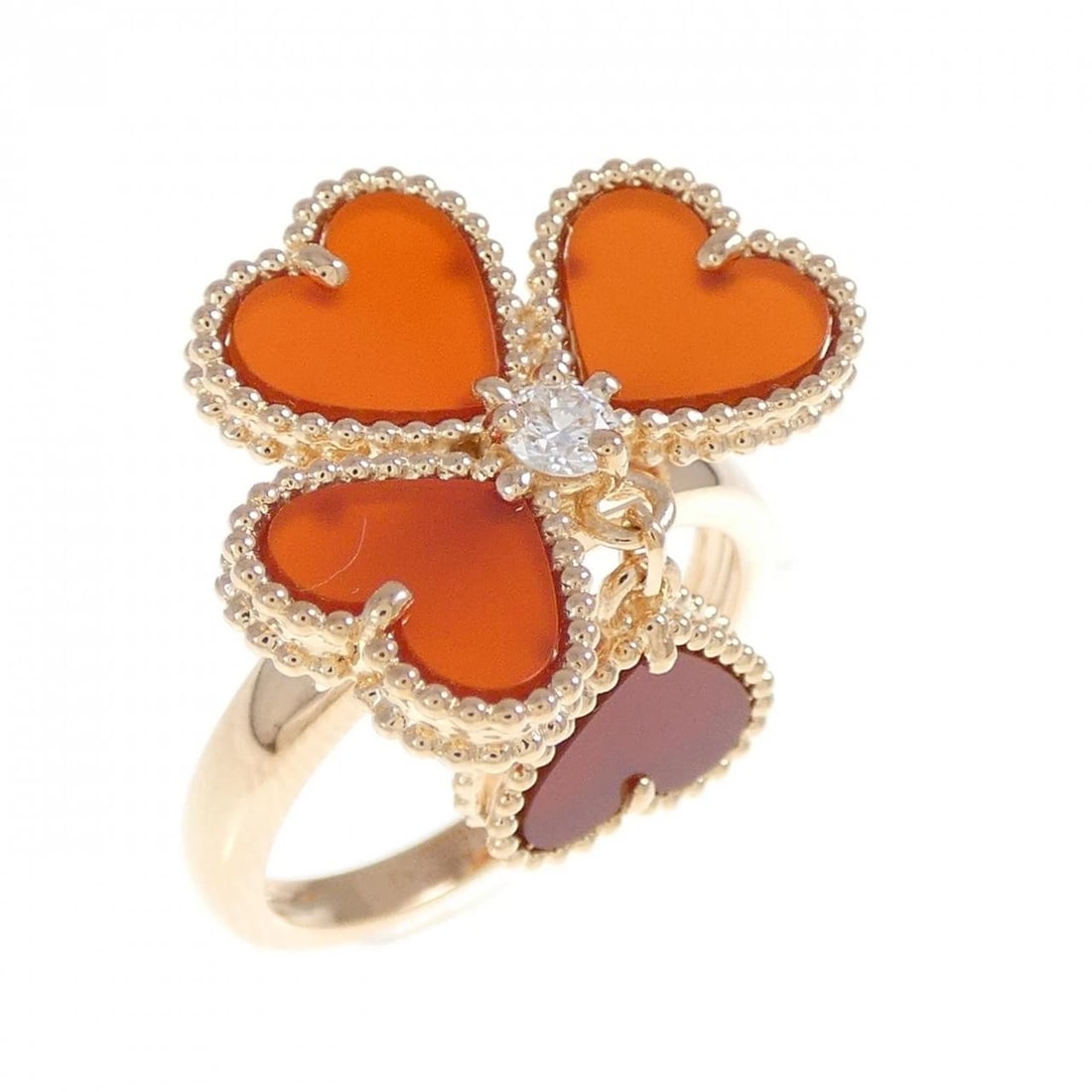 VAN CLEEF & ARPELS SWEET ALHAMBRA EFFEUILLAGE RING: Van Cleef & Arpels Sweet Alhambra Effeuillage Ring Brand: Van Cleef & Arpels Type: Ring Material: 750 Pink Gold, Main Stone/Creation Carnelian Color: Pink Gold Size: US5.5 Accessories: None