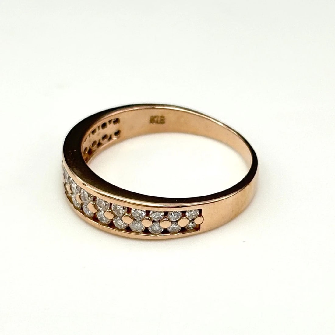 MELEE DIAMOND DESIGN RING PG PINK GOLD RING: Melee diamond design ring PG pink gold Ring Brand: Unbranded Type: Ring Material: 18K, Color: pink gold Size: US 7 to 7.5 Accessories: None Accessories Notice: When purchasing pre-owned go