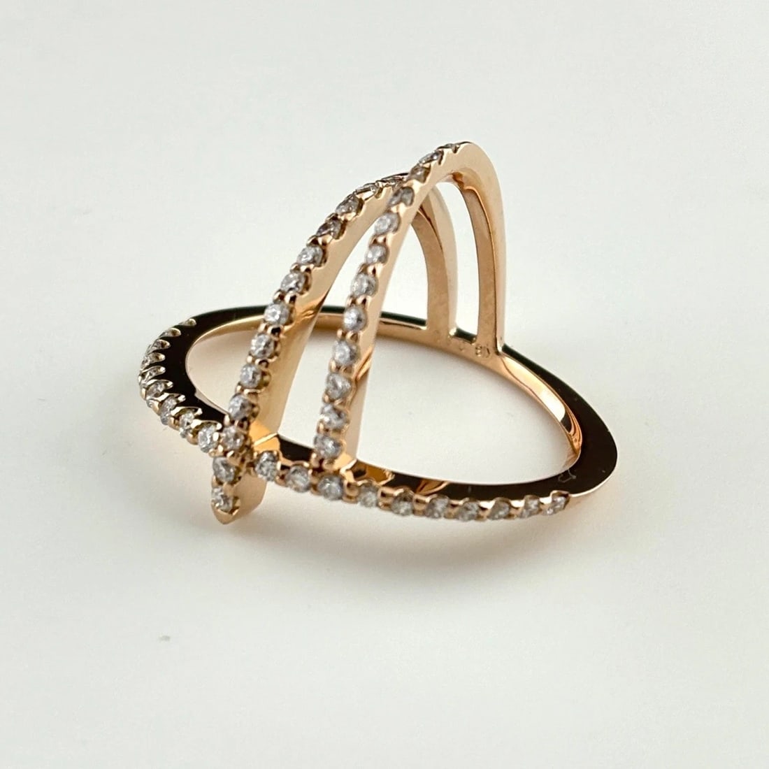 MELEE DIAMOND DESIGN RING PG PINK GOLD RING: Melee diamond design ring PG pink gold Ring Brand: Unbranded Type: Ring Material: 18K, Color: pink gold Size: US 7.5 to 8 Accessories: None Accessories Notice: When purchasing pre-owned
