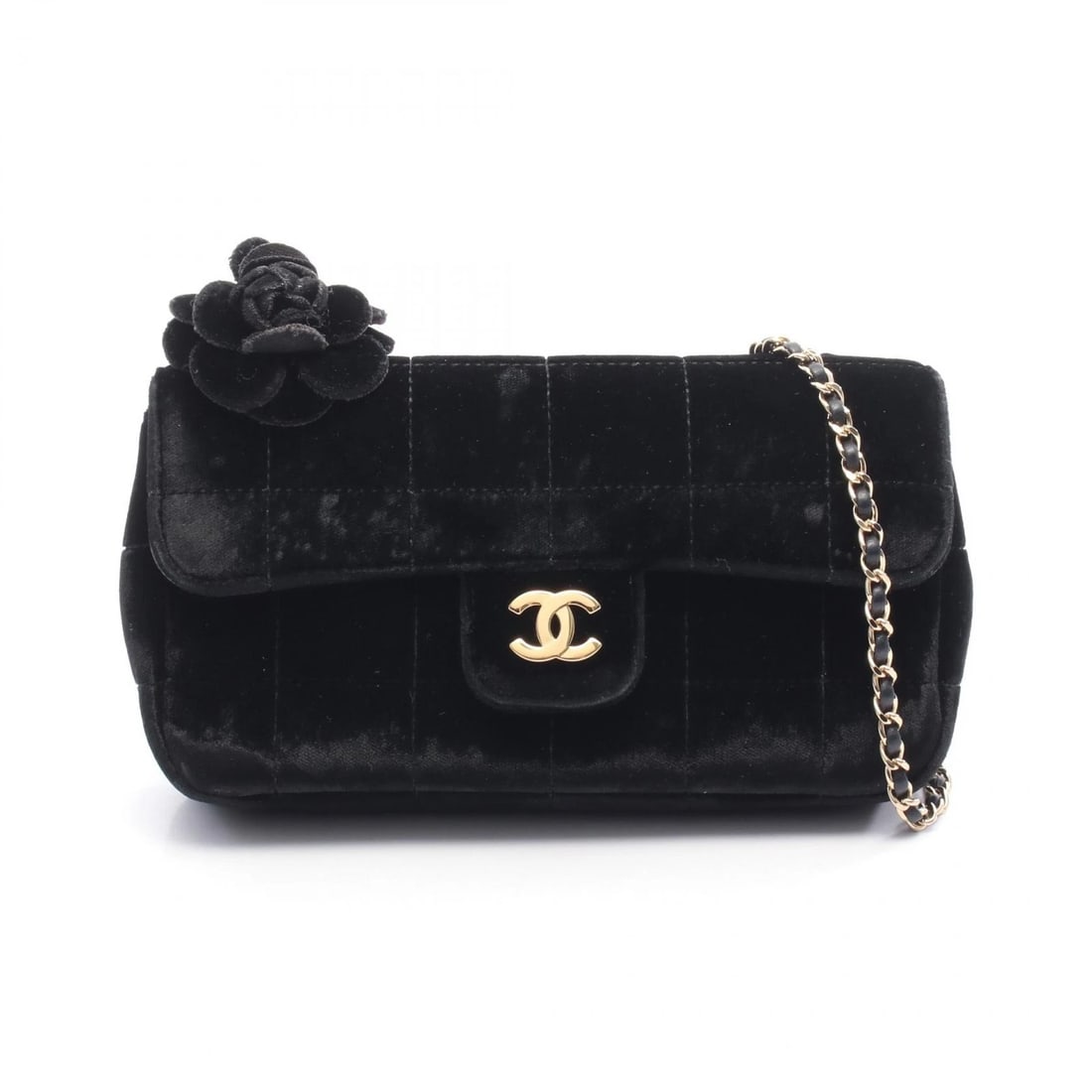 CHANEL CHOCOLATE BAR CAMELIA CHAIN SHOULDER CROSSBODY BAG: CHANEL Chocolate Bar Camelia Chain Shoulder Crossbody Bag Brand: CHANEL Type: Shoulder Bag Material: Fabric Color: Black??ish colors Size: (H:3.9" x W:7.1" x D:2.0") Shoulder?126cm(49.6") 