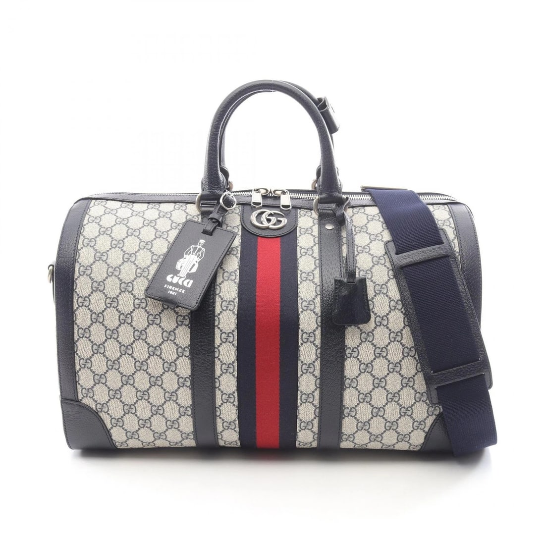 GUCCI MEDIUM GG SUPREME DUFFLE HAND BAG BOSTON BAG: GUCCI Medium GG Supreme Duffle hand bag Boston bag Brand: GUCCI Type: Boston bag Material: PVC coated canvas × leather Color: Beige??ish colors × Navy??ish colors Size: (H:10.6" x W:17.3" x D:9.