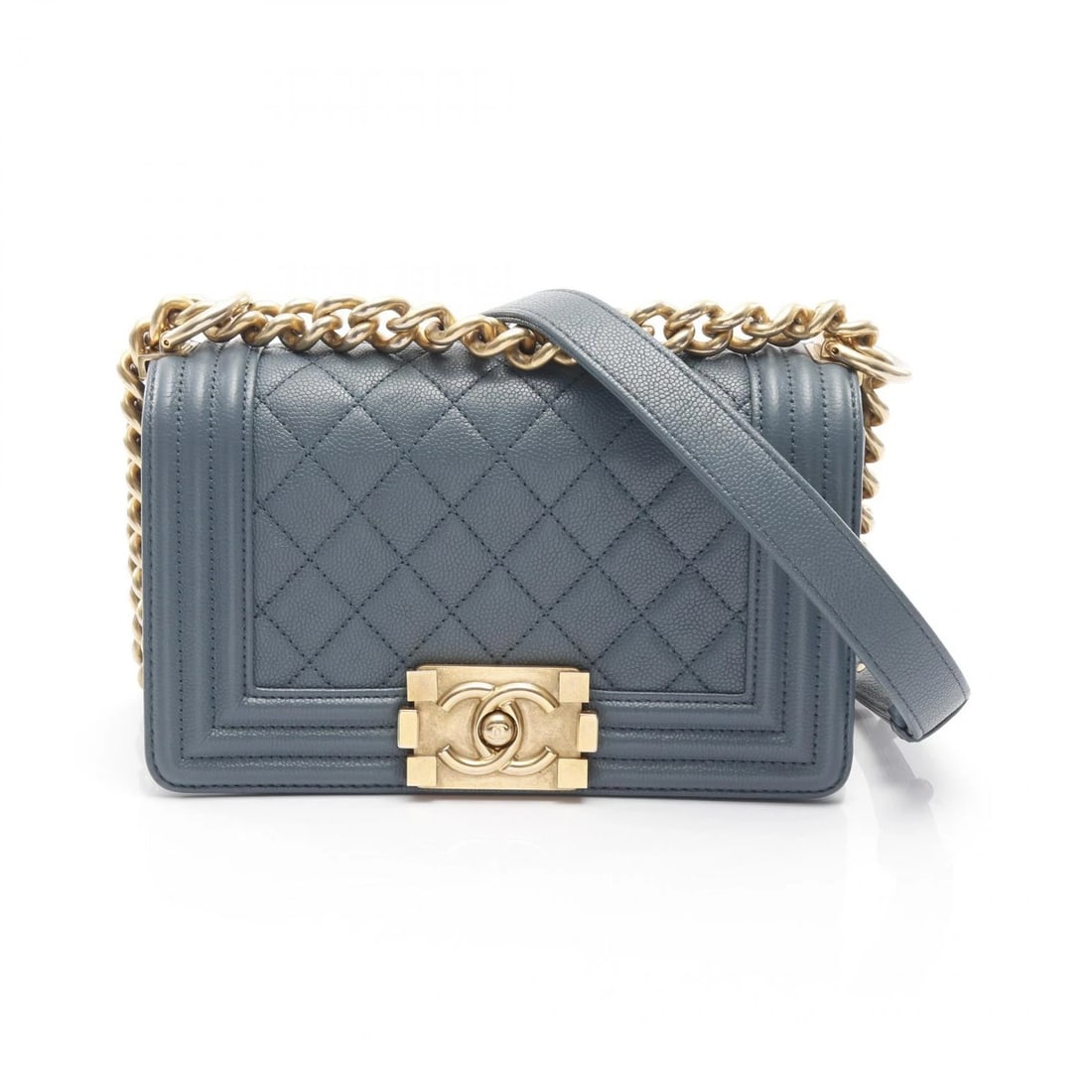 CHANEL BOY CHANEL SMALL CHAIN SHOULDER BAG: CHANEL Boy Chanel Small Chain Shoulder Bag Brand: CHANEL Type: Shoulder Bag Material: Calfskin (cowhide) Color: Blue??ish colors Size: (H:4.7" x W:7.9" x D:2.4") Accessories: None Accessor