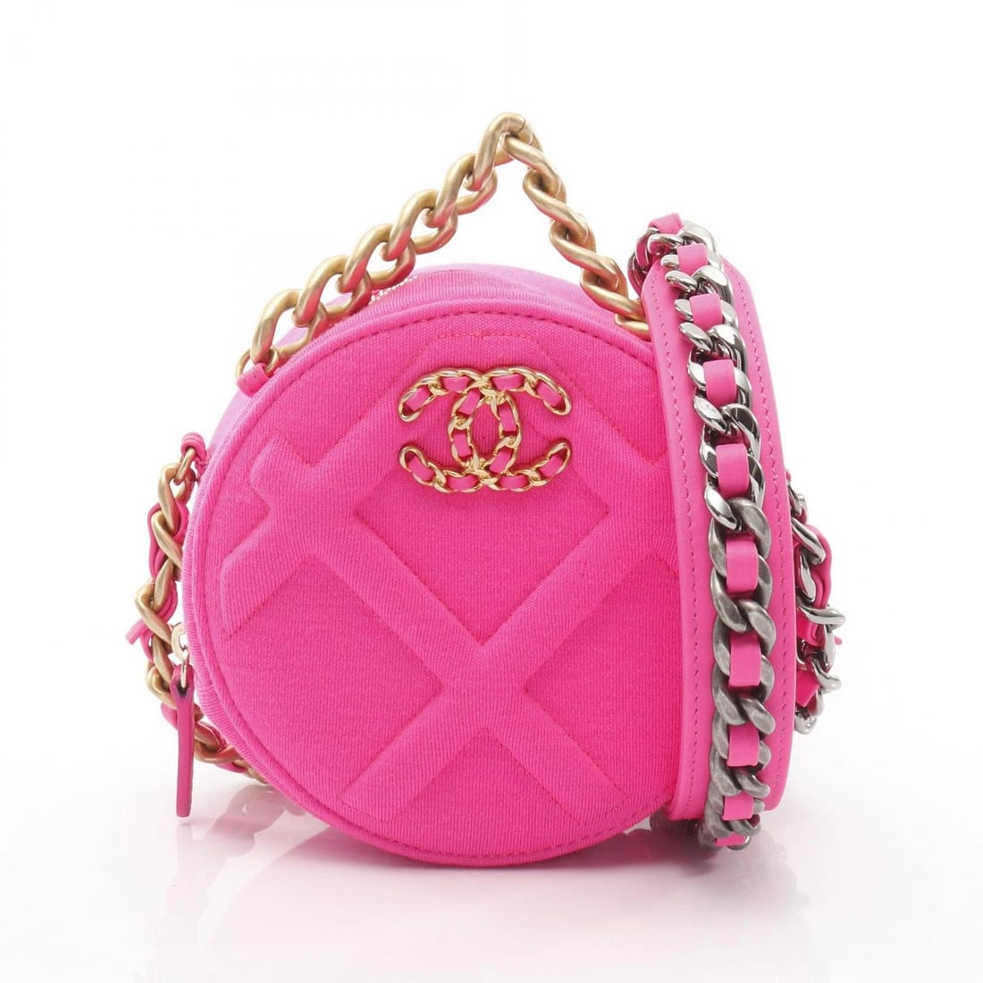 CHANEL COCO MARK ROUND MINI CHAIN SHOULDER BAG: CHANEL COCO Mark Round Mini chain Shoulder Bag Brand: CHANEL Type: Shoulder Bag Material: Fabric Color: Pink??ish colors Size: (H:4.7" x W:4.7" x D:2.2") Shoulder?134cm(52.8") Accessories: None